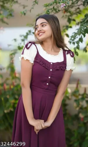Women's Wine & Black color dungaree Dress WhiteTop Dress For Girl Classic Rayon Dungaree dress Women Casual Solid Shoulder Dungaree Dress